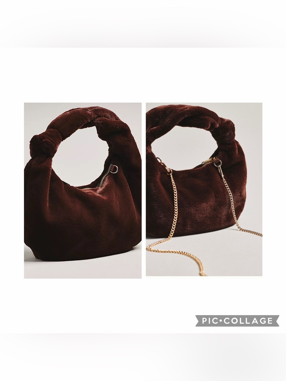 New Anthropologie faux fur Knot-Handle Shoulder Bag crossbody chain brown